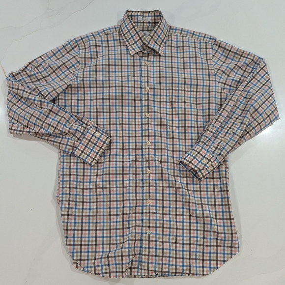 Peter Millar Other - Peter Millar Button Down Shirt Mens M Med Brown‎ Blue White Gingham Check Plaid